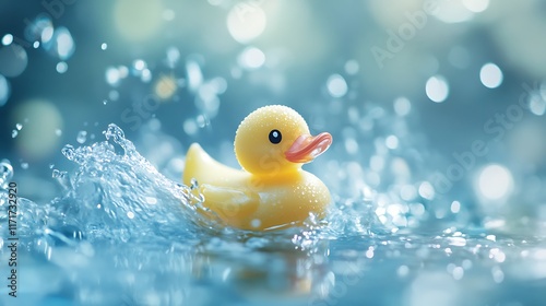 Yellow rubber ducky splashing in water. (1)