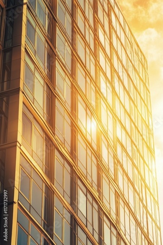 Modern office building reflects sunset glow in an urban landscape showcasing ...