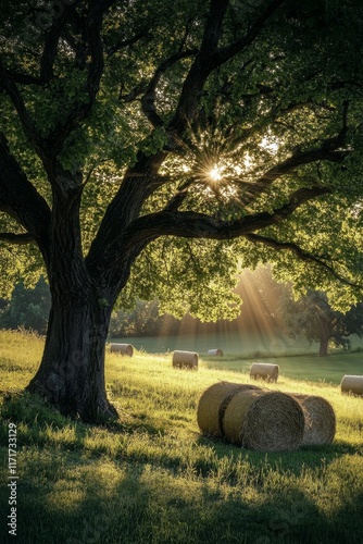 Sunlight filters through trees illuminating hay bales in a tranquil meadow se...