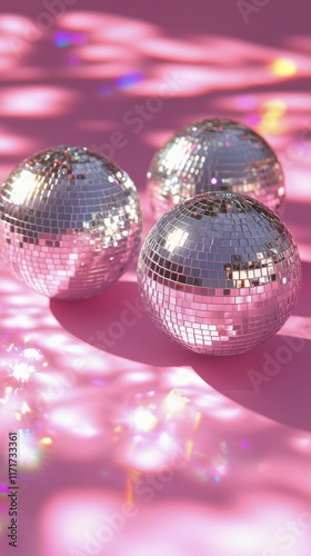 Sparkling disco balls on a vibrant pink surface creating a festive atmosphere...