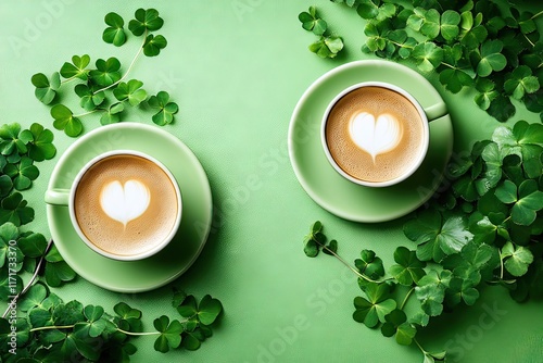 Two cups of cappuccino on green background. Cup of coffee with clover leaves top view. St. Patrick's Day