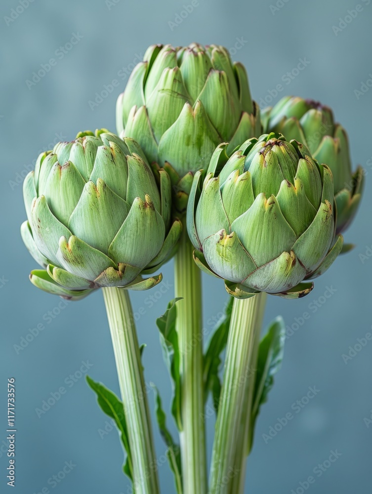 Fototapeta premium Three green artichokes are standing upright against a soft blue background. Concept of fresh vegetables. For food blogs or healthy eating promotions.