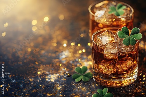 Glass of whiskey with clover leaves on dark gold background. Bourbon with ice on a dark background. St. Patrick's Day