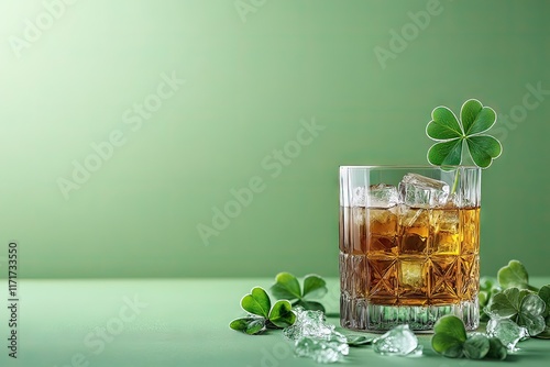 Glasses of whiskey with clover leaves. Whiskey with ice on light green background. St. Patrick's Day