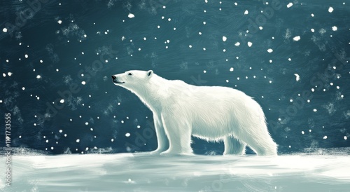 Polar bear in a snowy landscape under falling snowflakes during winter twilight