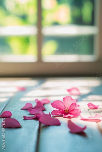 Pink gerbera flower surrounded by petals on white surface near a window in na...