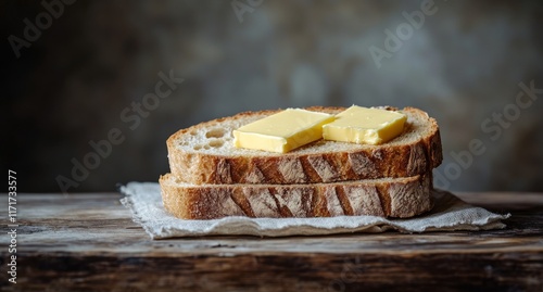 Freshly baked bread with butter served on a wooden platter