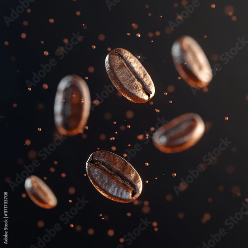 Coffee beans floating in mid-air showcasing rich textures and colors