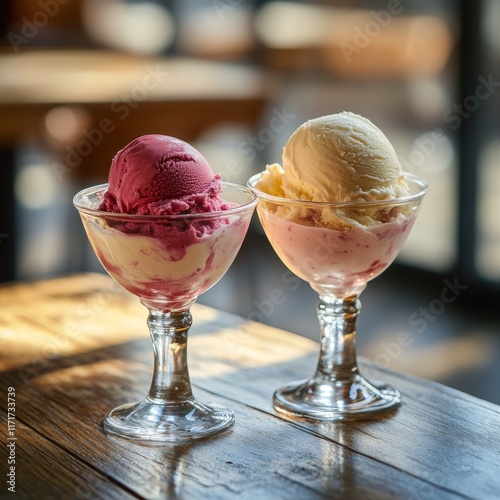 Two elegant dessert cups filled with pink and white ice cream on a wooden tab...