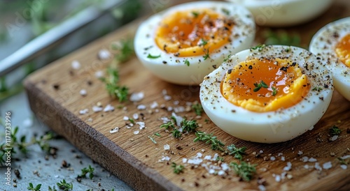Deliciously cooked soft-boiled eggs served on a wooden platter with seasoning...