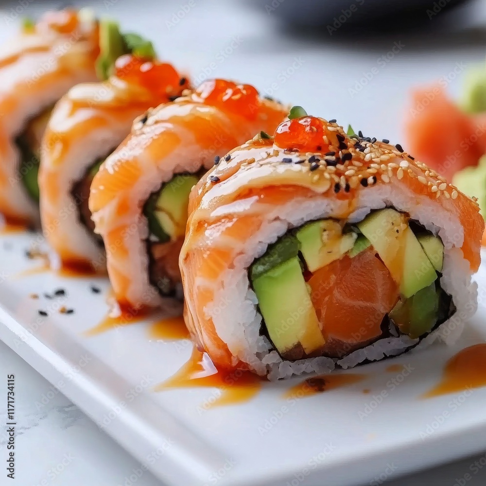 Fresh sushi rolls with salmon, avocado, and sauce served on a white plate in a restaurant setting Fresh sushi rolls with salmon, avocado, and sauce served on a white plate in a restaurant setting