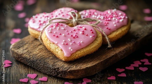 Heart-shaped cookies decorated with pink icing and sprinkles on rustic wooden...