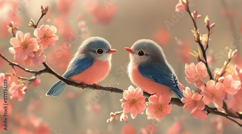 Two charming birds perched on a blossom-filled branch during springtime