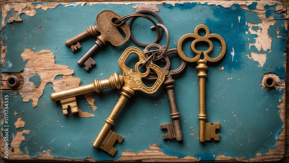 Old keys resting on weathered wooden surface Old keys resting on weathered wooden surface