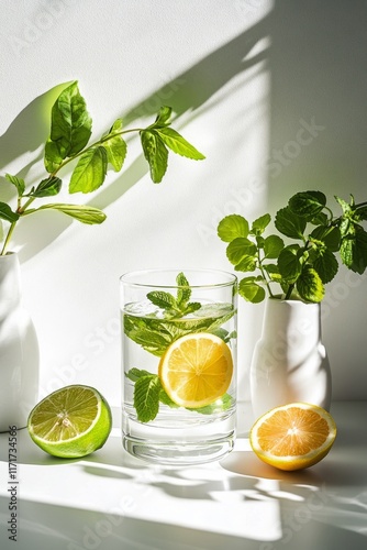 Refreshing summer drink with lime and lemon on a sunny kitchen counter