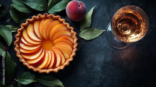 Fresh peach tart on a dark table with drinks and leaves in a cozy setting
