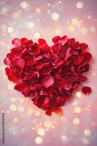Heart shaped arrangement of red rose petals with soft bokeh lights in the bac...
