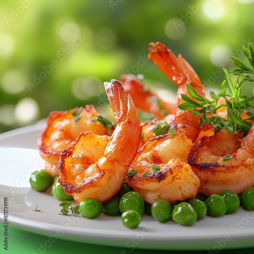 Delicious grilled shrimp served on a platter with fresh green peas and herbs ...