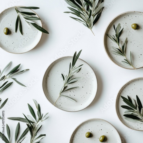 Collection of minimalist plates with olive branches and olives arranged on a ...