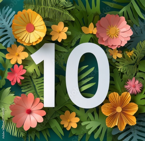 Floral arrangement with 10 on a green backdrop for an anniversary or celebration