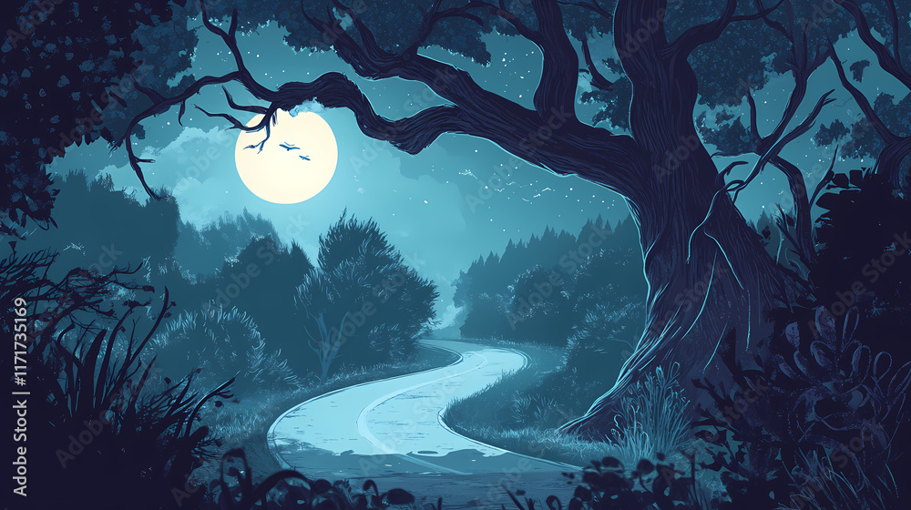 Fototapeta premium Eerie night scene featuring a misty forest landscape and a winding road under the glow of a full moon, creating a mysterious atmosphere. Treetop. Illustration