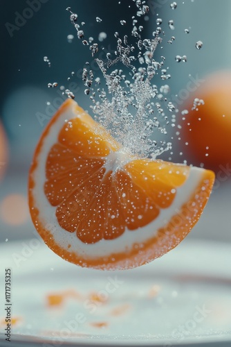Floating orange slice surrounded by bubbles in refreshing water droplets