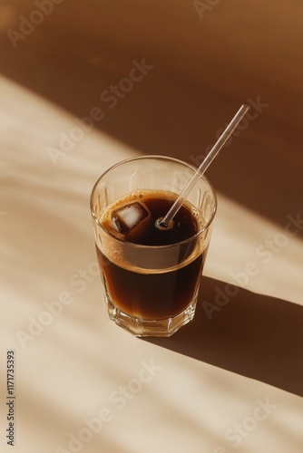 Iced coffee in a clear glass resting on a light brown surface with natural sh...