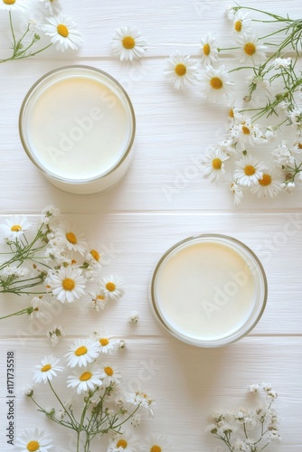 Fresh dairy products surrounded by white flowers on a wooden table