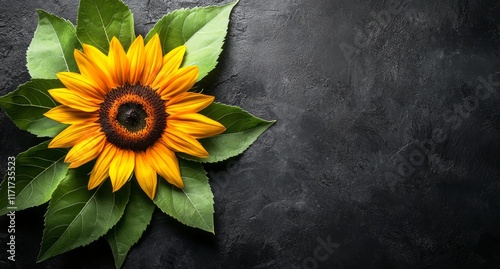 Bright yellow sunflower displayed on a textured black surface with green leav...