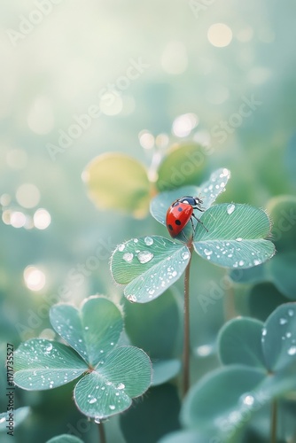 Ladybug resting on clover leaves covered in dew drops under soft morning light