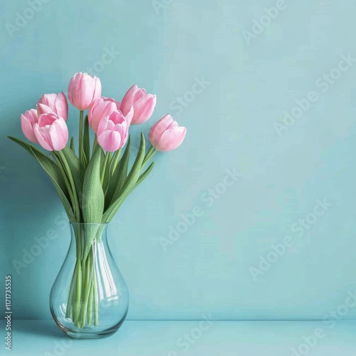 Fresh pink tulips arranged in a glass vase on a light blue background