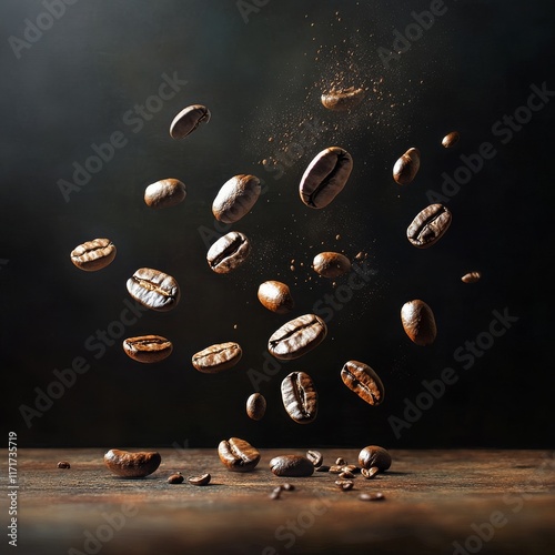 Coffee beans floating in mid-air showcasing rich textures and colors