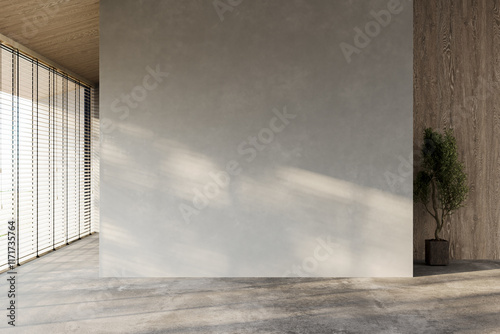 Modern contemporary loft empty room with nature view. There are wooden ceiling and blank concrete wall for copy space