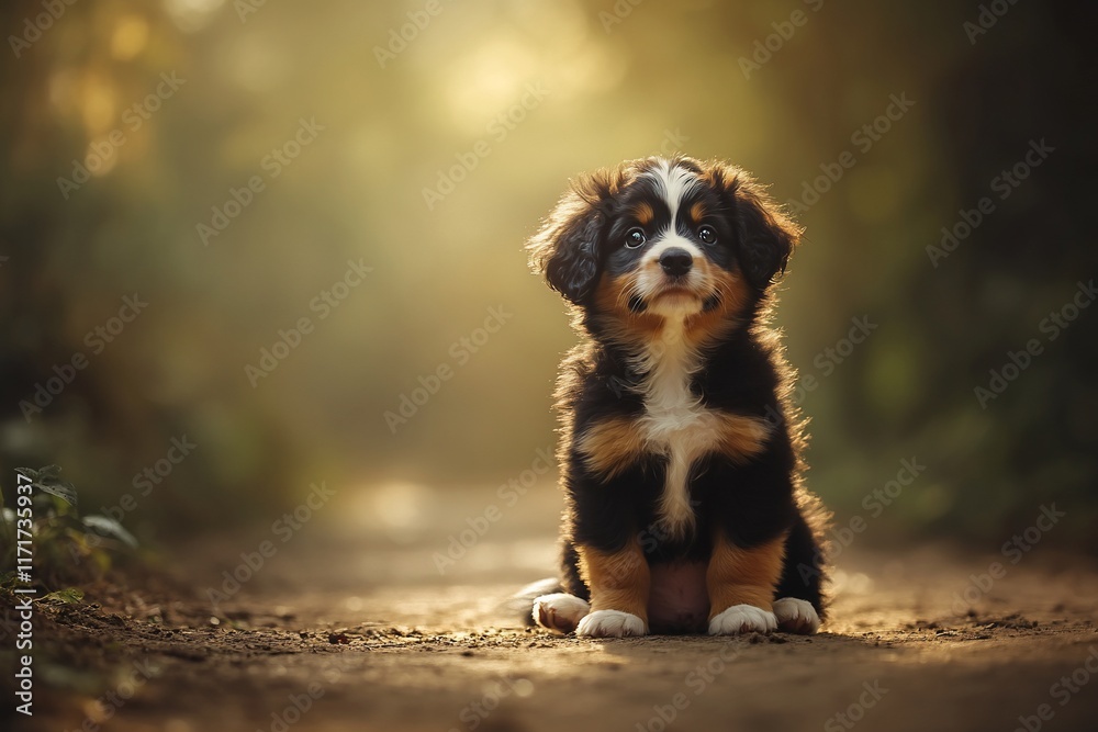 Adorable Bernese Mountain Dog puppy sitting on a dirt path in a sunlit forest. Adorable Bernese Mountain Dog puppy sitting on a dirt path in a sunlit forest.