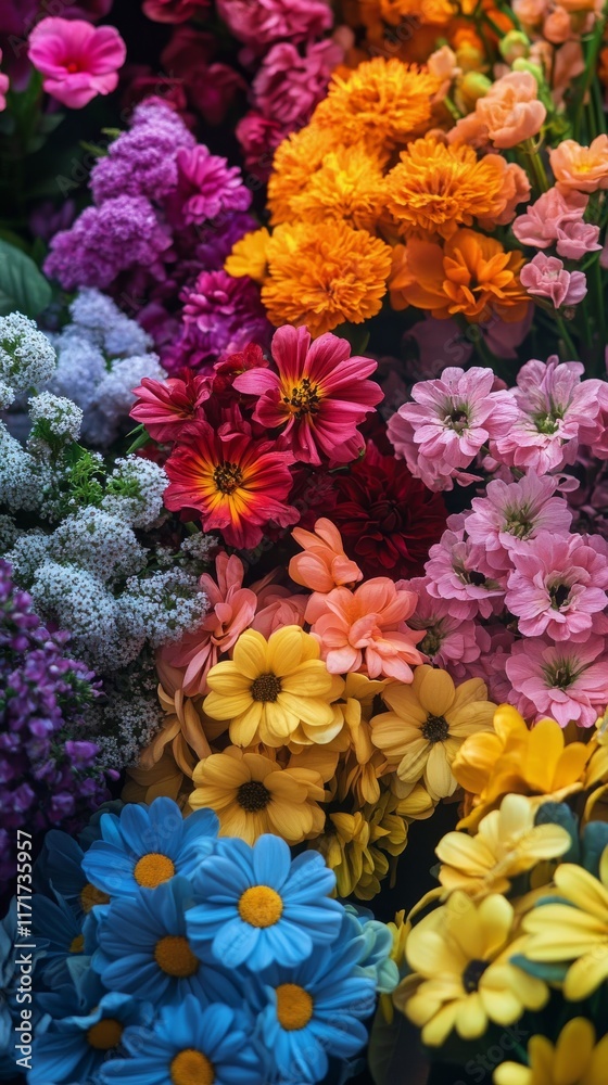 Colorful bouquet of various flowers displayed in a vibrant arrangement at a floral market Colorful bouquet of various flowers displayed in a vibrant arrangement at a floral market