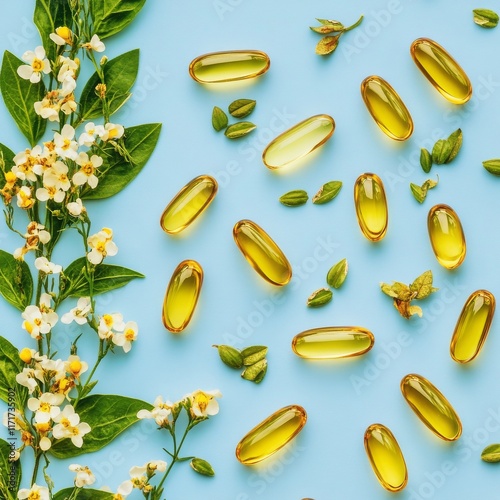 Colorful display of herbal capsules and flowers on a blue background