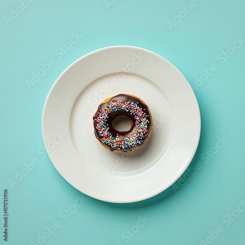 Chocolate donut with colorful sprinkles on a white plate against a blue backg...
