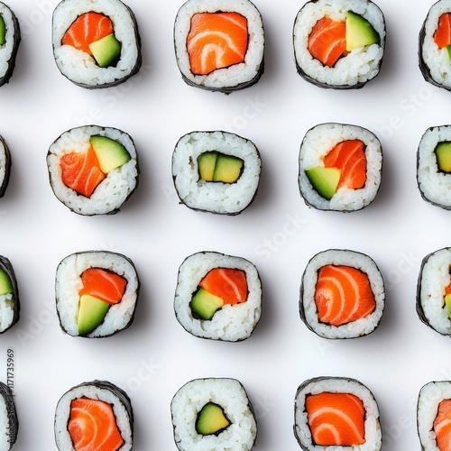 Fresh sushi rolls with salmon, avocado, and sauce served on a white plate in ...