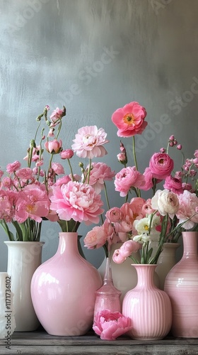Colorful flowers arranged in vintage vases displayed against a dark background