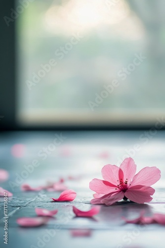 Pink gerbera flower surrounded by petals on white surface near a window in na...