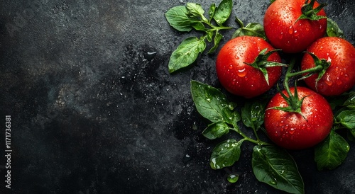 Fresh red tomatoes with droplets on green leaves against a dark background in...