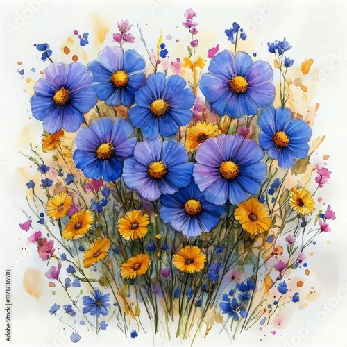 Vibrant wildflowers bloom in a colorful watercolor garden during a sunny day ...