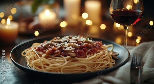 Delicious spaghetti with mushrooms served on a black plate beside a glass of ...