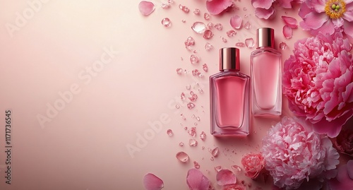 Elegant fragrance bottles surrounded by blooming peonies on a soft pink backg...