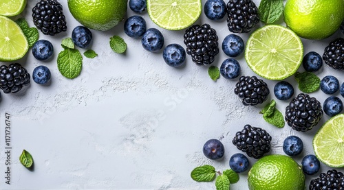 Fresh berries and lime slices arranged on a light background for a healthy sn...
