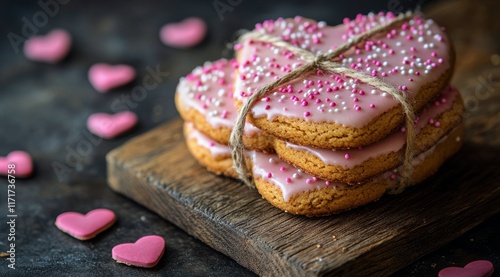 Heart-shaped cookies decorated with pink icing and sprinkles on rustic wooden...