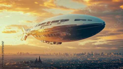 huge modern airship against the backdrop of cityscape photo