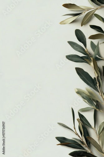 Elegant olive branches arranged on light background for natural decor inspira...