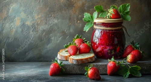 Fresh strawberries and homemade jam paired with rustic bread on a dark wooden...