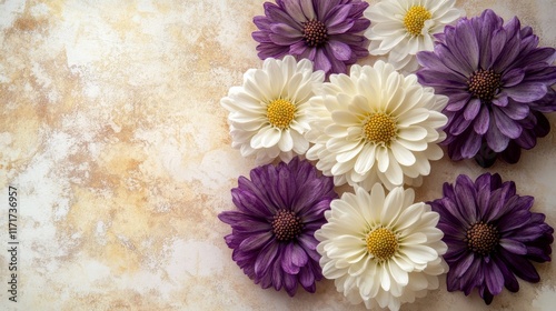 Beautiful arrangement of purple and white flowers on a soft pastel background